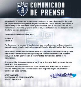 Pachuca veta a dos aficionados de por vida 0