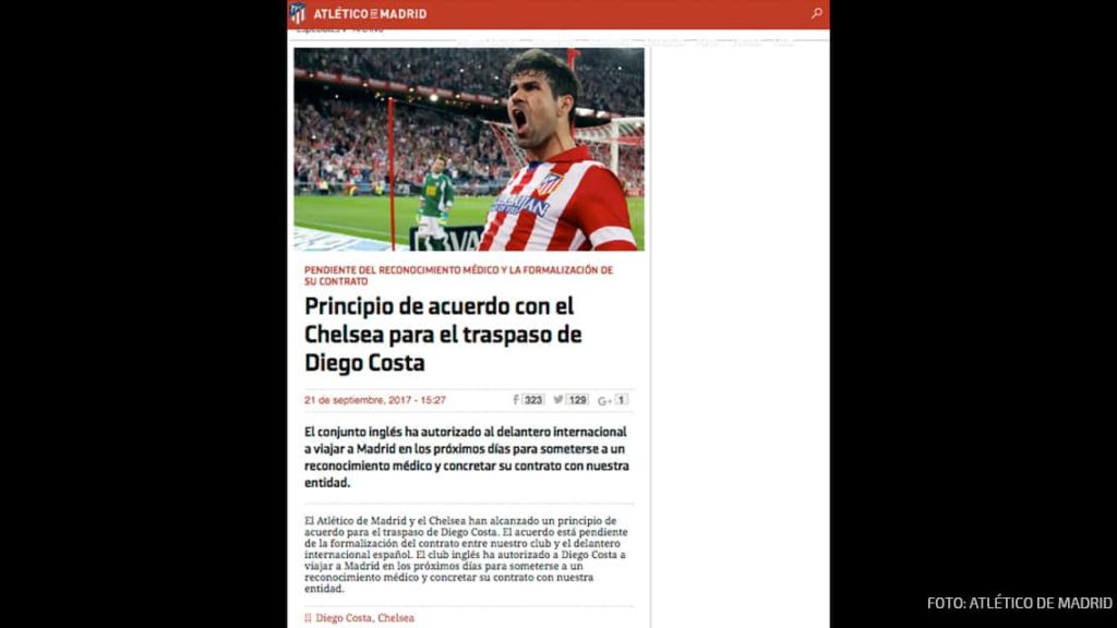 Atlético anuncia principio de acuerdo con Chelsea por Diego Costa 0