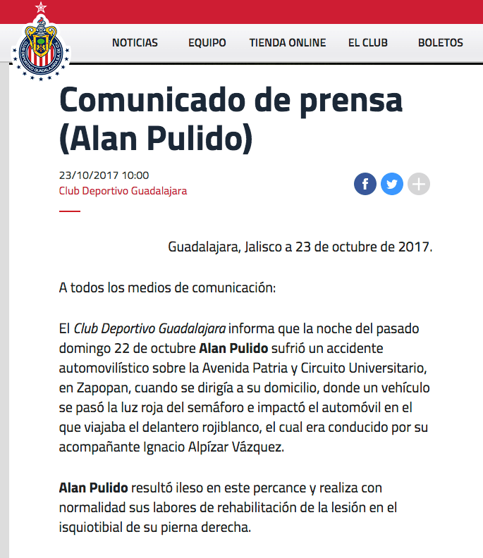Comunicado de Chivas sobre el accidente automovilístico de Alan Pulido.