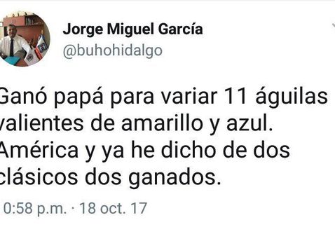Tweet del Diputado Local Jorge Miguel García celebrando el triunfo del América.