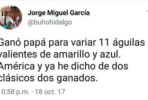 Tweet del Diputado Local Jorge Miguel García celebrando el triunfo del América.