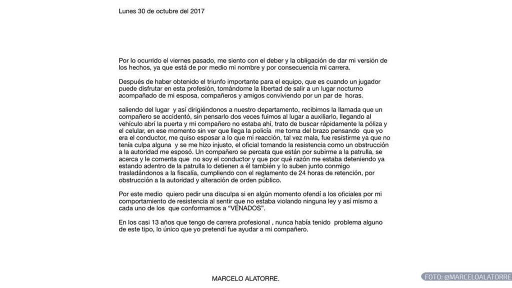 Comunicado de Marcelo Alatorre explicando su inocencia tras ser arrestado.