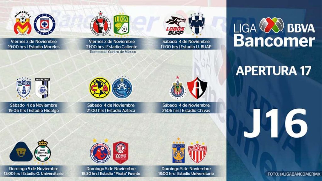 Así se jugará toda la jornada 16 del Apertura 2017 de la Liga MX.