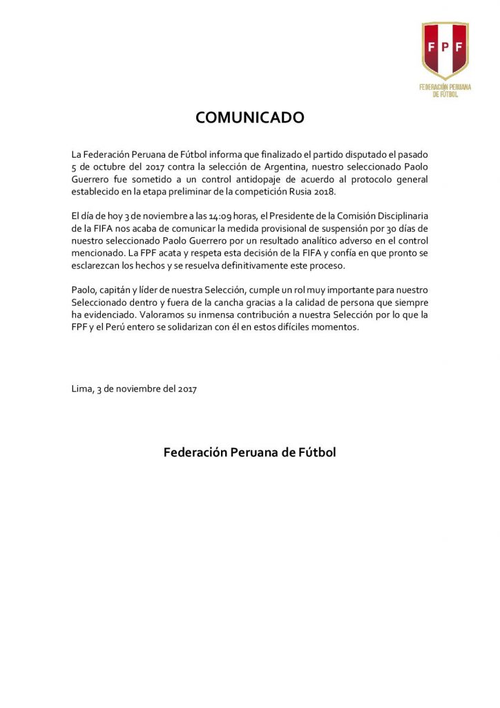La Federación Peruana de Futbol publicó un comunicado tras conocer la sanción a Paolo Guerrero.
