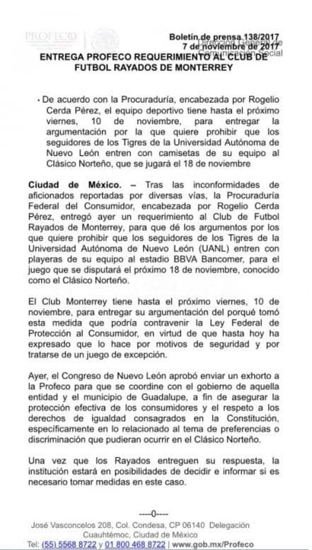 Comunicado Profeco sobre Rayados.