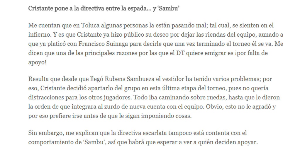 Hernán Cristante saldría de Toluca por culpa de Sambueza 0