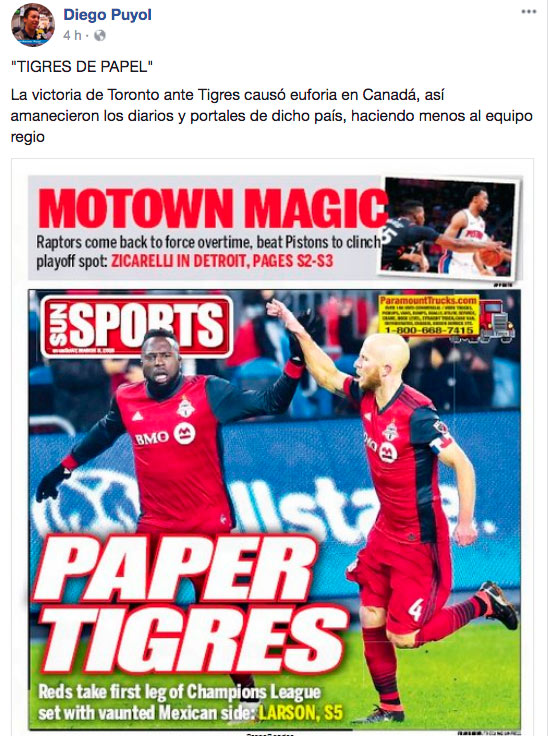 En Canadá celebran triunfo de Toronto FC ante un “Tigres de papel” 0