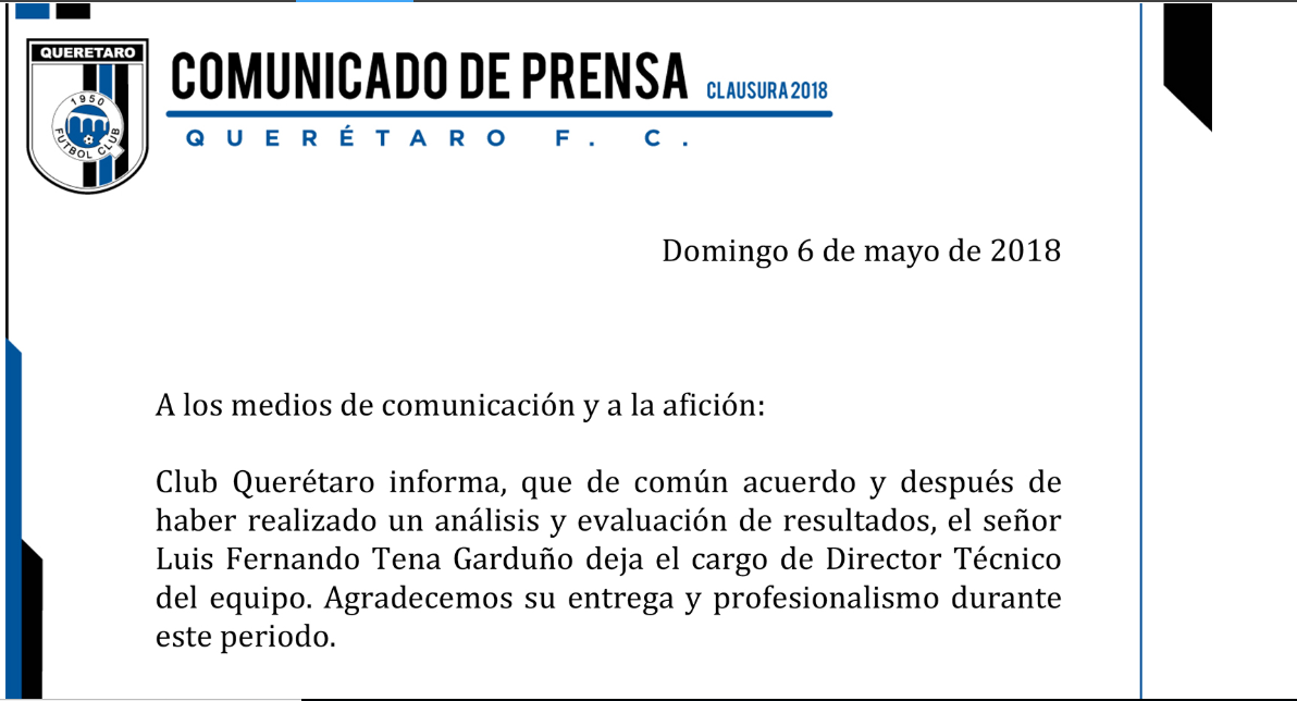 Querétaro hace oficial la salida de Luis Fernando Tena 0