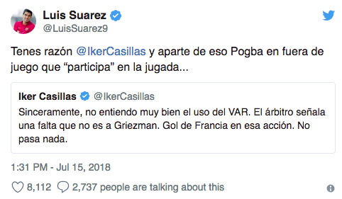 Casillas y Suárez en total desacuerdo con el VAR, lo critican en la Final 