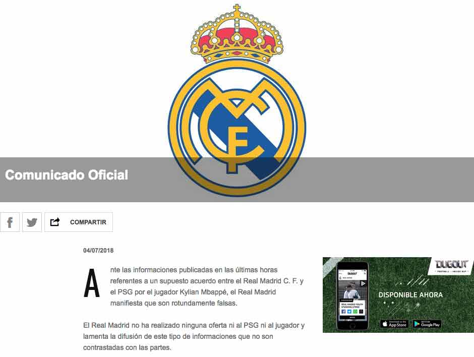 Comunicado Real Madrid - Mbappé 