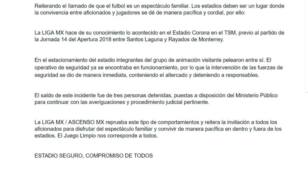 Comunicado de la Liga MX por los hechos de violencia