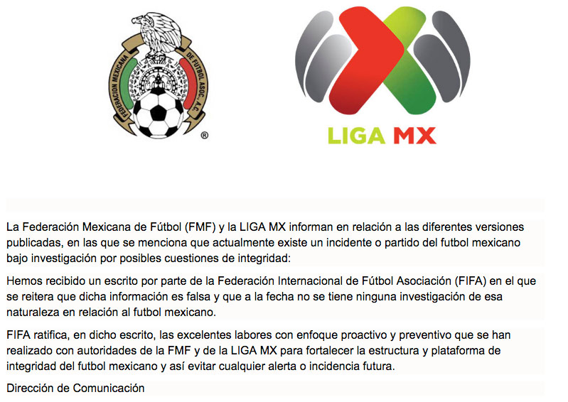 Comunicado de prensa de la Liga MX
