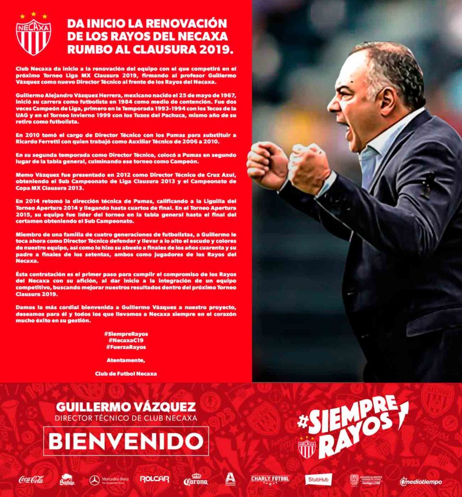 Oficial, Guillermo Vázquez dirigirá a Necaxa 0