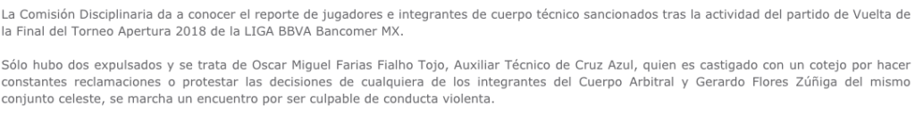 Reporte Disciplinario, Cruz Azul vs América