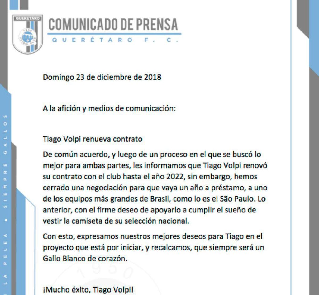 Comunicado oficial, Club Querétaro