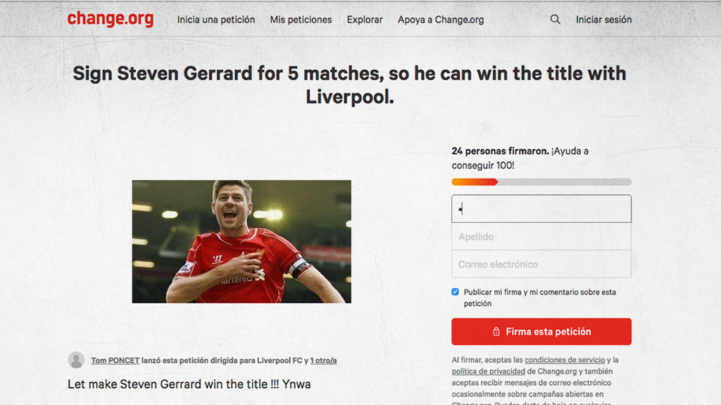 La petición de Change.org para intentar que Steven Gerrard regrese al Liverpool