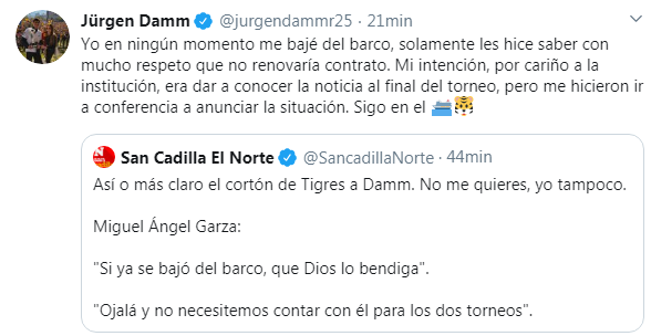 Jürgen Damm le respondió a Miguel Ángel Garza en redes sociales