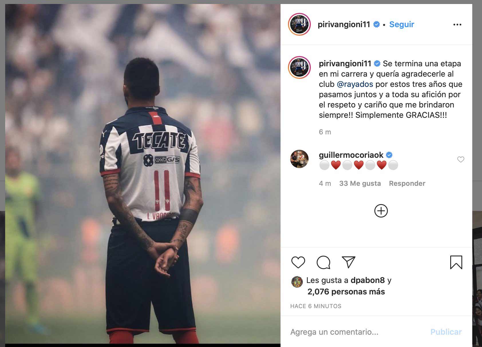 Lionel Vangioni anunció su salida de Rayados en redes sociales
