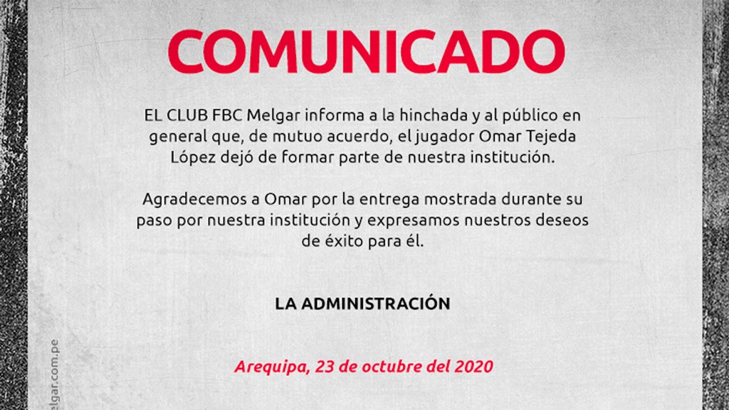 El comunicado de Melgar sobre Omar Tejeda