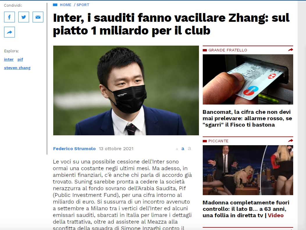 Inter de Milan interesa al fondo saudí que ya compró al Newcastle United