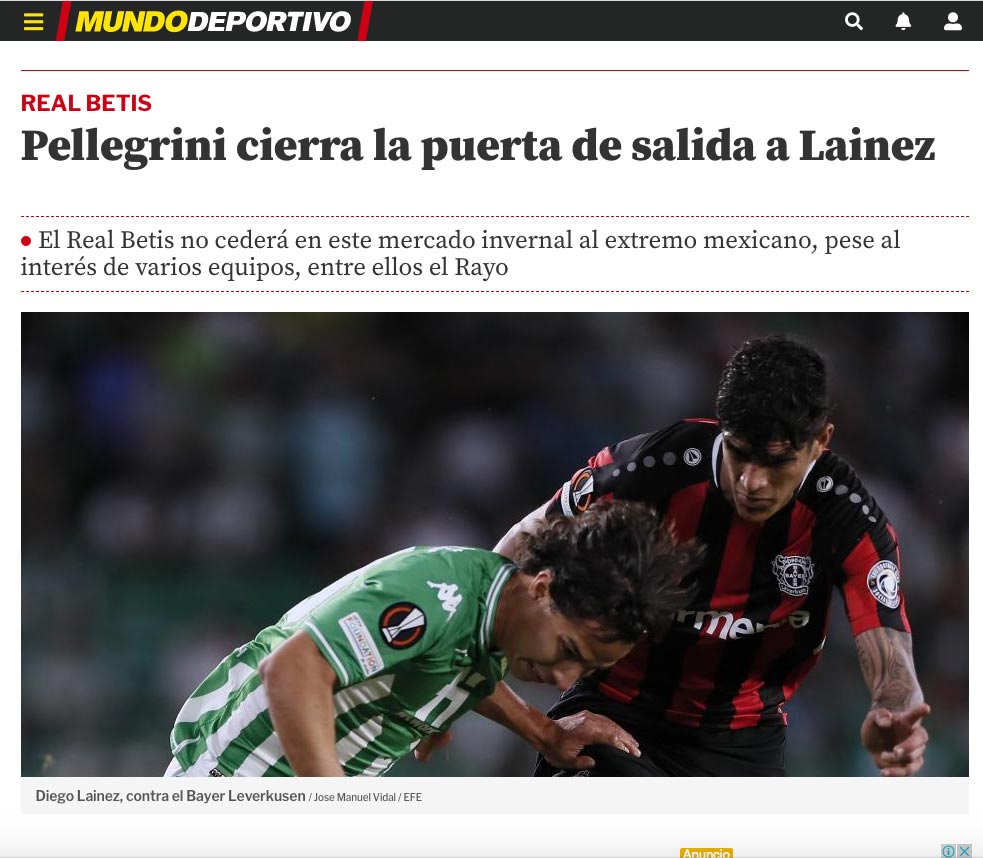 Manuel Pellegrini bloquea la salida de Diego Lainez del Real Betis para este mercado invernal; lo quiere para disputar LaLiga, Copa del Rey y Europa League