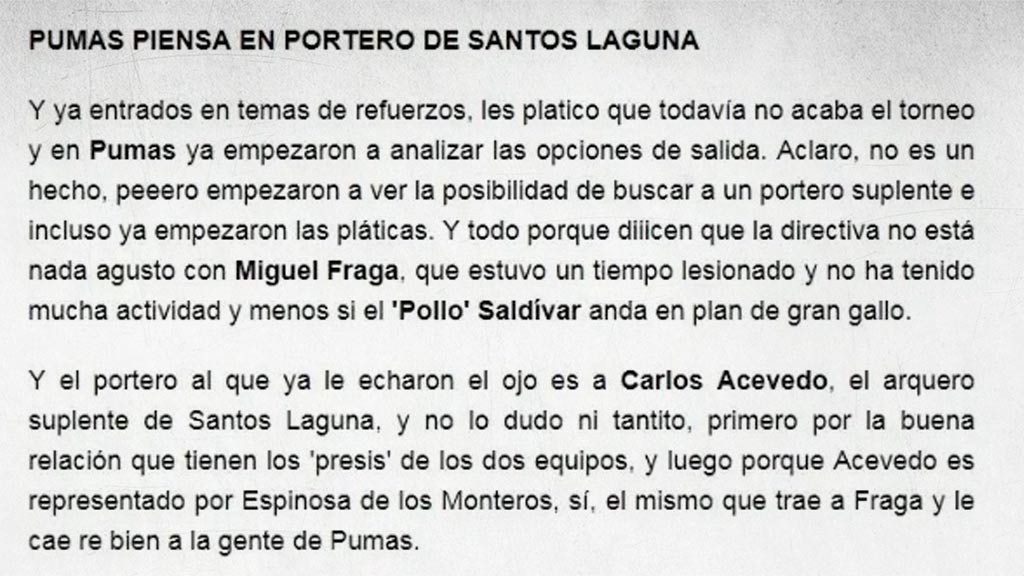 Récord apuntaba que Pumas buscó el fichaje de Carlos Acevedo con Santos Laguna
