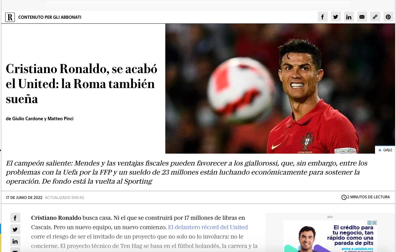 Desde Italia ponen a Cristiano Ronaldo fuera del Manchester United