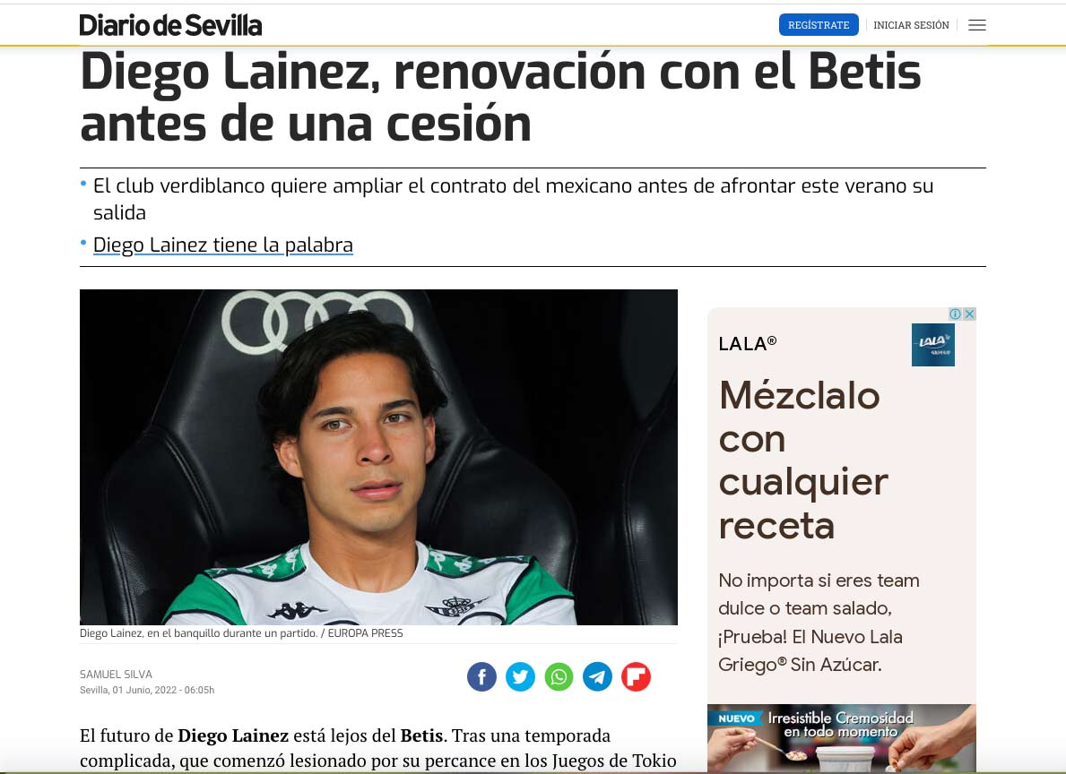 En el Real Betis quieren darle salida a Diego Lainez en préstamo, pero antes desean una renovación de contrato