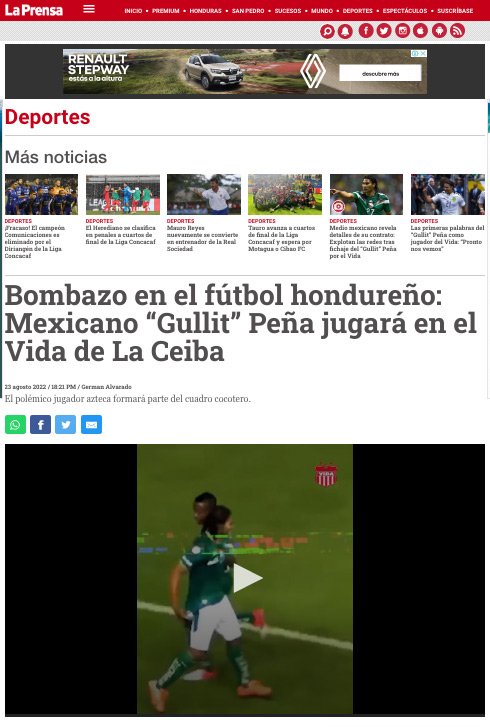 En Honduras calificaron el fichaje de Gullit Peña como un bombazo