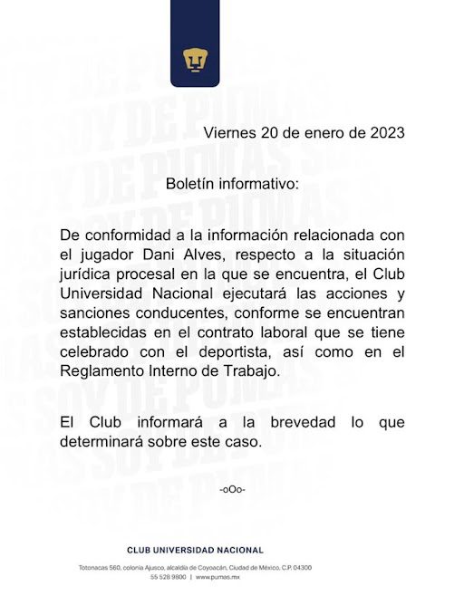 El comunicado de Pumas sobre la situación de Dani Alves