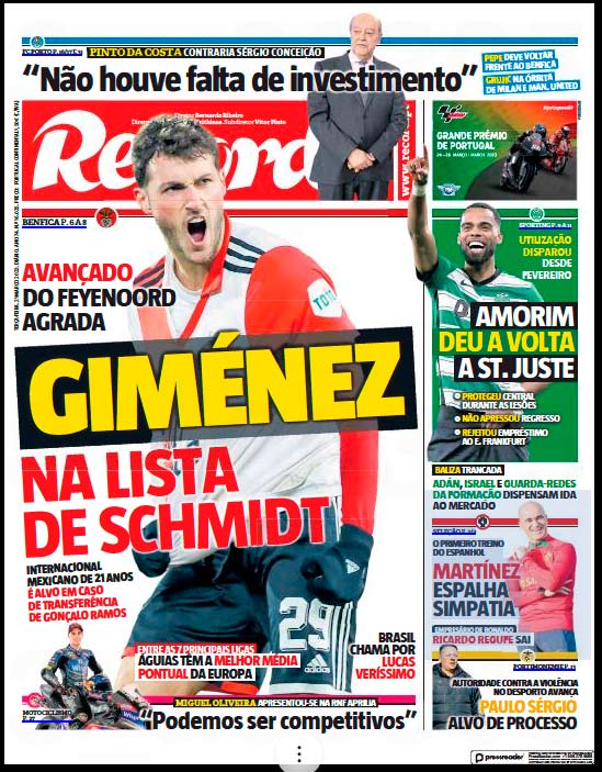 Record de Portugal asegura que Benfica quiere al mexicano Santiago Giménez