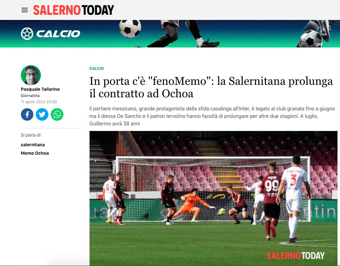 Desde Salerno Today ya hacen eco de la posible renovación de Guillermo Ochoa con Salernitana