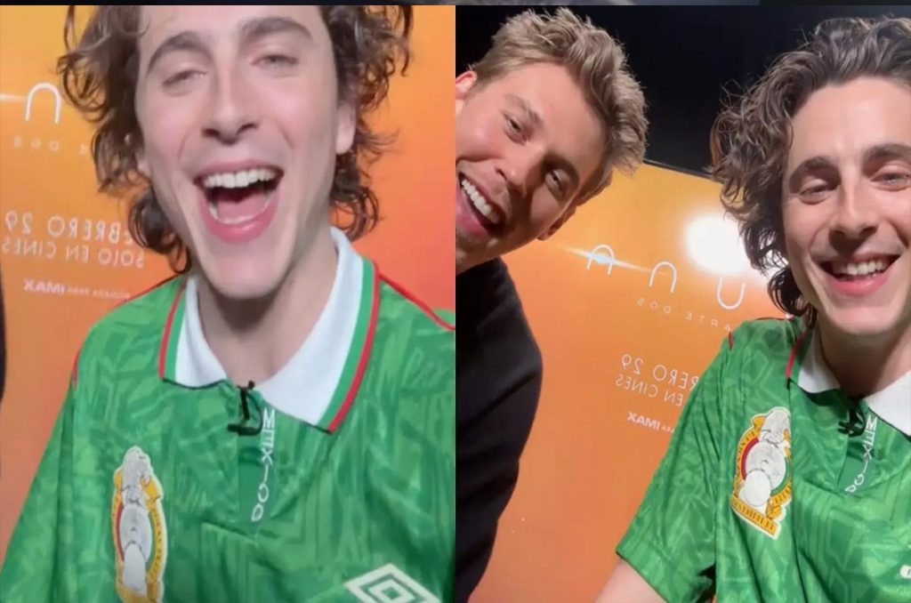 Timothée Chalamet presumiendo el jersey de la Selección Mexicana, aquella que utilizaran en 1994