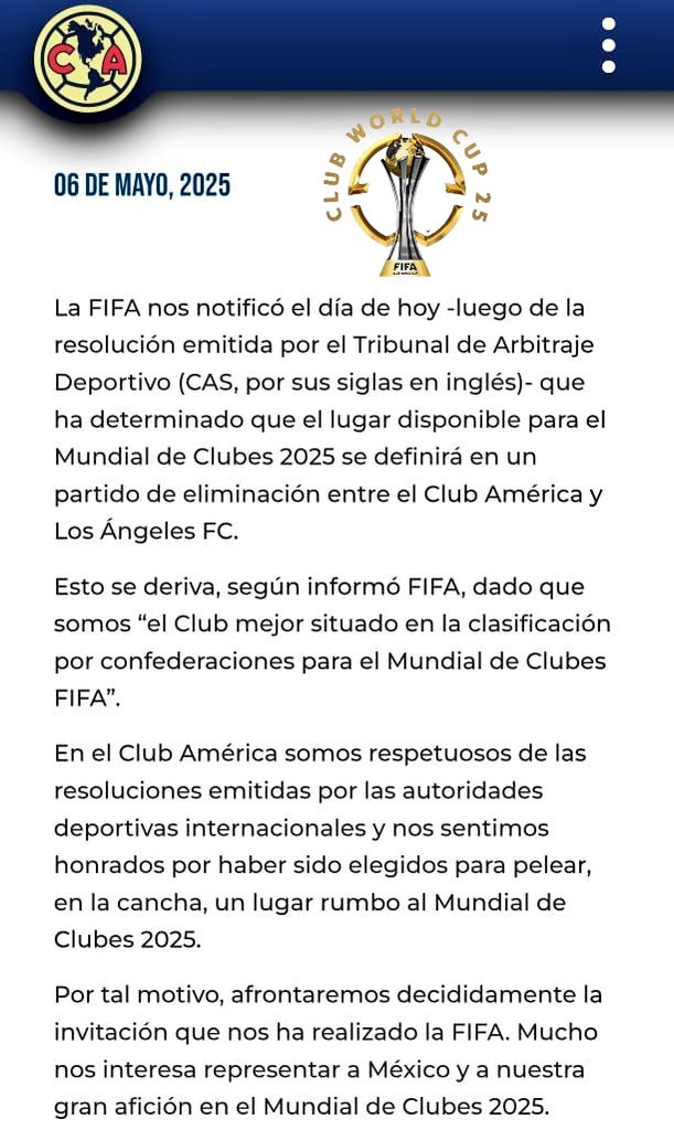 El comunicado que lanzaron las Águilas del América para buscar un lugar en el Mundial de Clubes