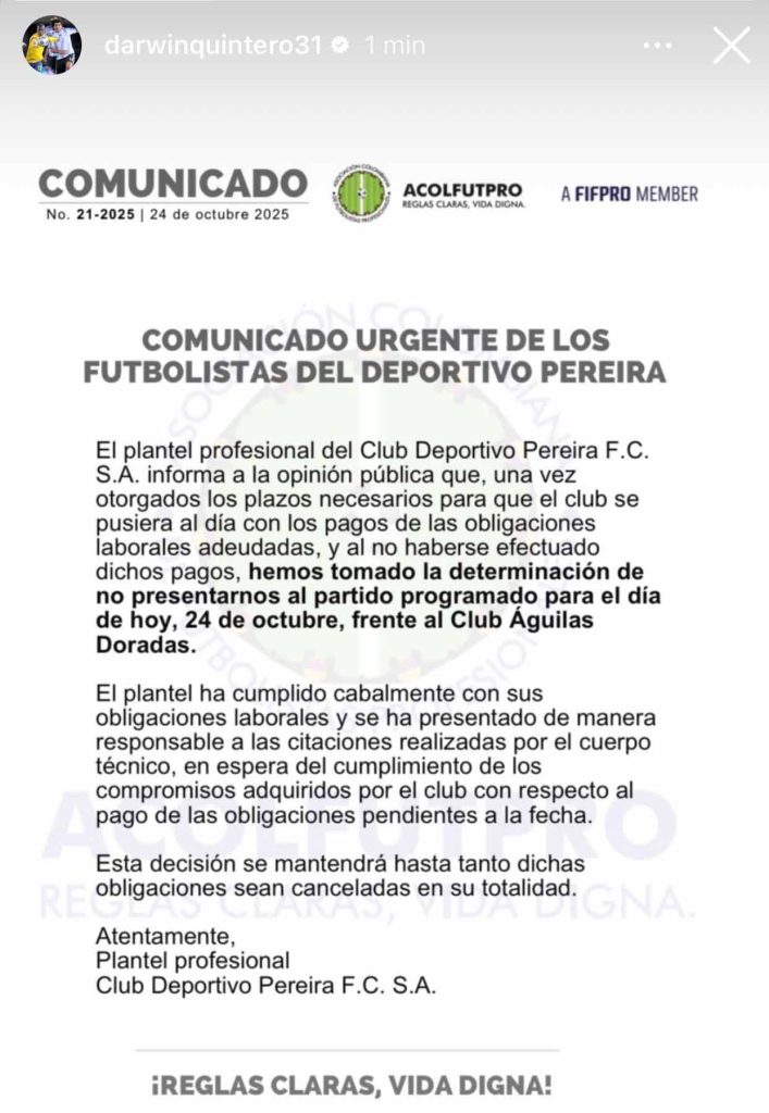 El comunicado de Darwin Quintero ante la falta de pagos en el Deportivo Pereira
