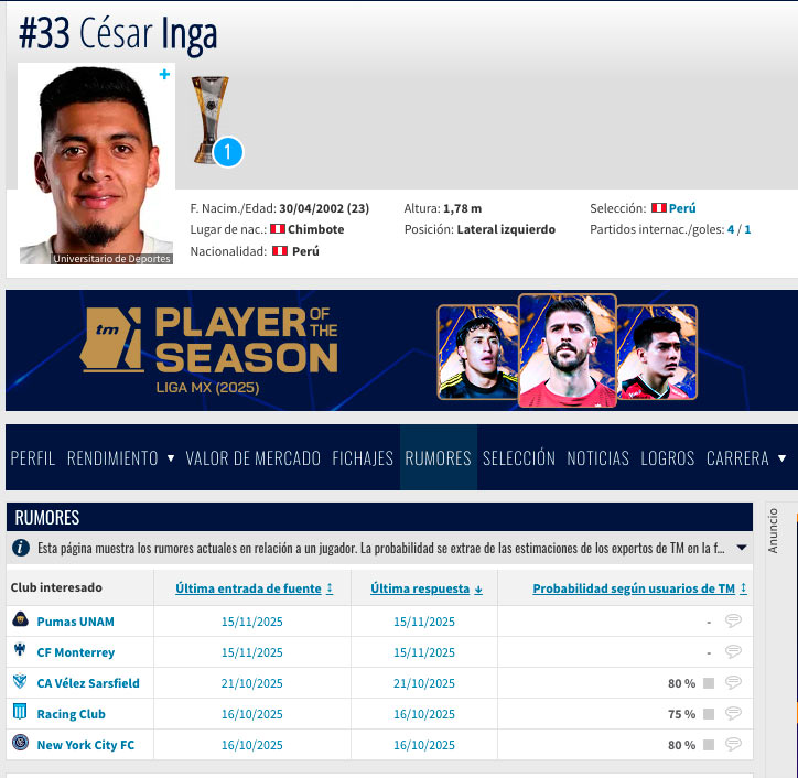 César Inga ha sido colocado en el radar de Pumas y Monterrey