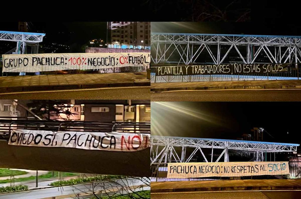Pancartas en contra de Grupo Pachuca y Jesús Martínez; los quieren fuera del Real Oviedo