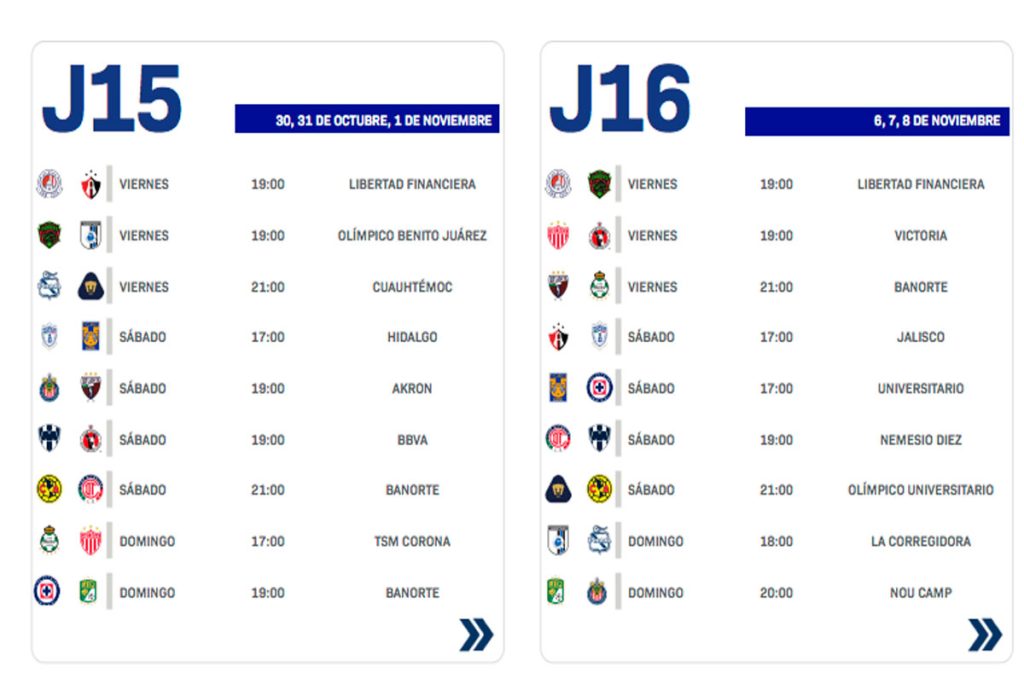 La Jornada 15 y Jornada 16 del torneo Apertura 2026 de la Liga MX